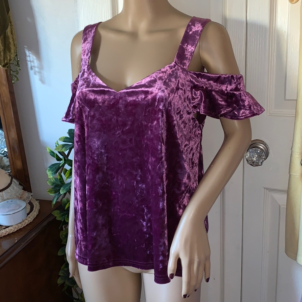 Y2K Venus purple velvet velour bare cold shoulder tunic Babydoll shirt top M